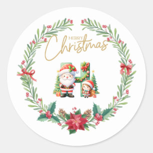 Sticker Rond Lettre monogramme H, couronne de Noël avec Père No