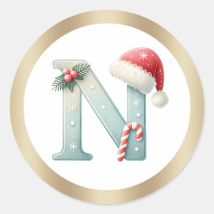 Sticker Rond Lettre monogramme N, chapeau de Père Noël Noël Au