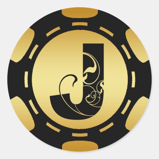 STICKER ROND LETTRE MONOGRAMME NOIR ET OR J POKER CHIP (Devant)