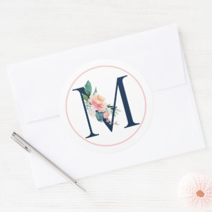 Sticker Rond Lettre Monogramme noire M avec Fleur rose