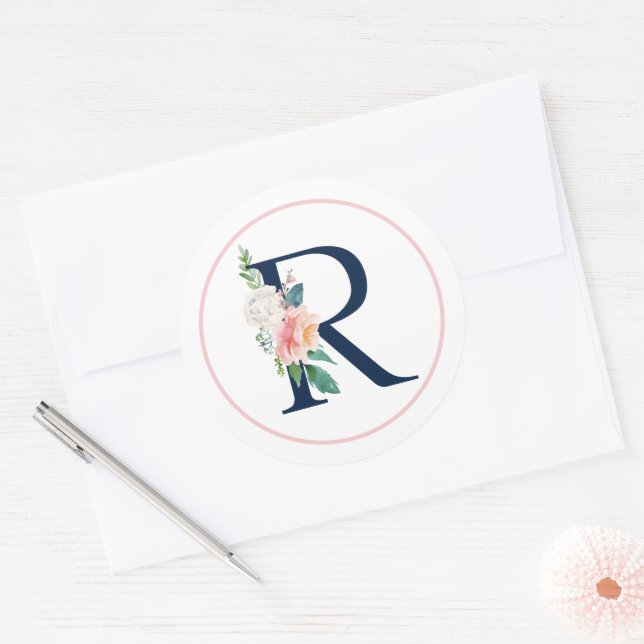 Sticker Rond Lettre Monogramme noire R avec Fleur rose (Enveloppe)