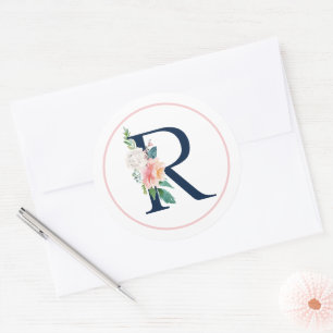Sticker Rond Lettre Monogramme noire R avec Fleur rose