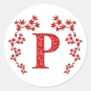 Sticker Rond Lettre monogramme P Feuilles rouges