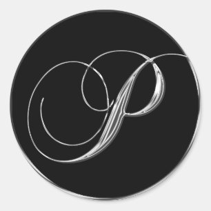 Sticker Rond Lettre Monogramme P Sliver Sur Sceau Mariage Noir