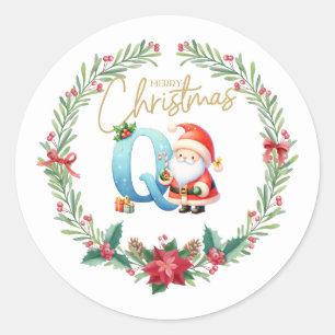 Sticker Rond Lettre monogramme Q, couronne de Noël avec le Père