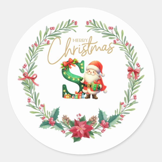 Sticker Rond Lettre monogramme S, couronne de Noël avec indice  (Devant)