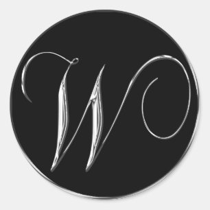 Sticker Rond Lettre Monogramme W Sliver sur sceau Mariage noir
