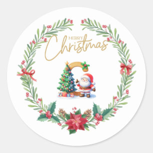 Sticker Rond Lettre monographie C, couronne de Noël avec le Pèr