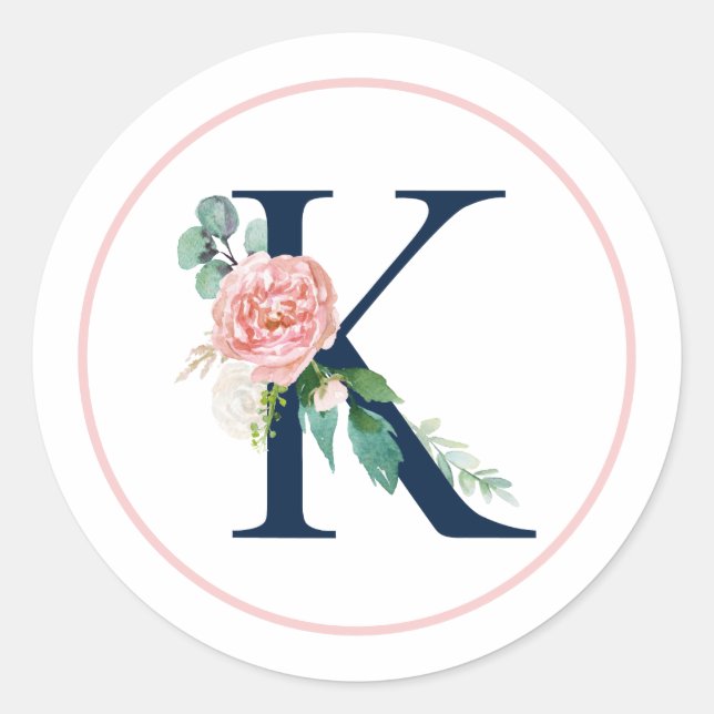 Sticker Rond Lettre monographie noire K avec fleurs roses (Devant)