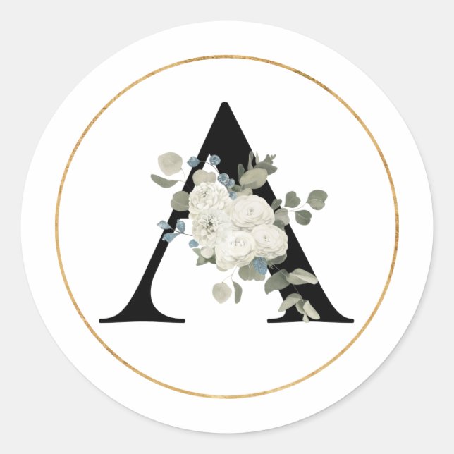 STICKER ROND LETTRE MONOGRAPHIQUE BLANCHE A SUR BLANC (Devant)