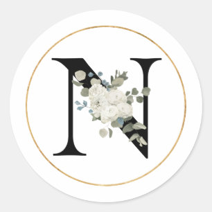 Sticker Rond LETTRE MONOGRAPHIQUE BLANCHE Élégante N SUR BLANC