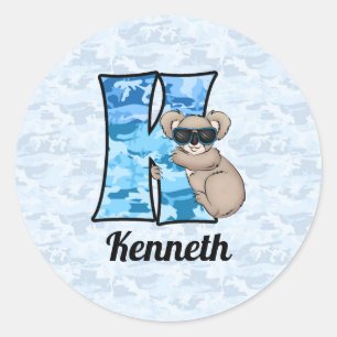 Sticker Rond LETTRE MONOGRAPHIQUE KOala BLEUE K AVEC NOM