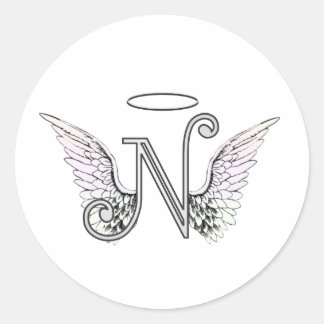 Sticker Rond Lettre N Monogramme initial avec ailes angéliques