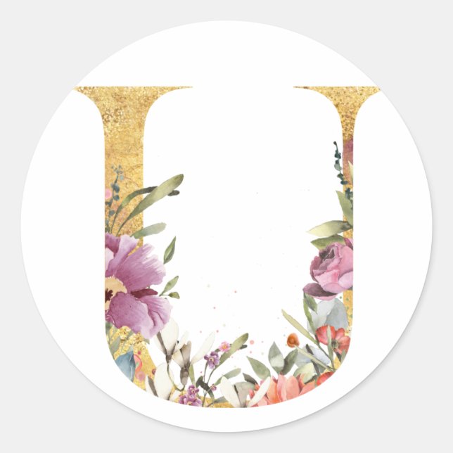 Sticker Rond Lettre or MONOGRAM U avec fleur (Devant)