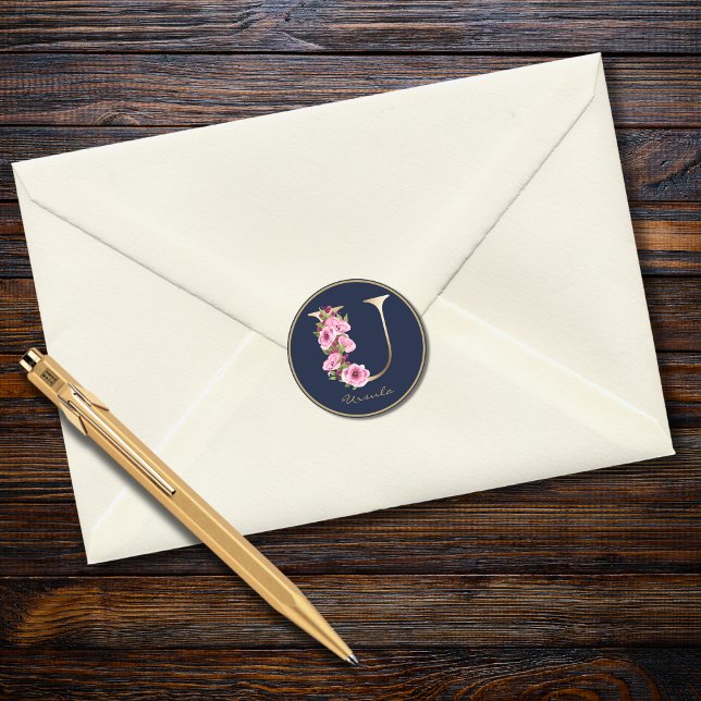 Sticker Rond Lettre or U Magenta rose Monogramme floral (Créateur téléchargé)