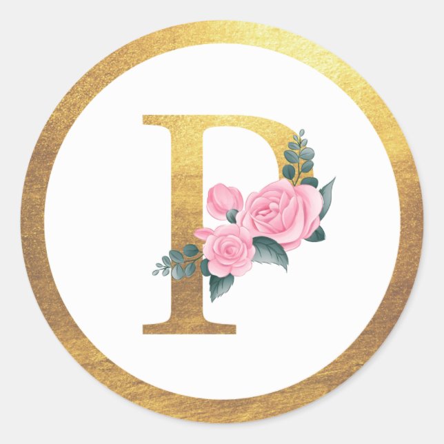 Sticker Rond Lettre P Monogramme Roses roses rose Floral & Eleg (Devant)
