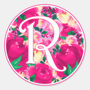 Sticker Rond Lettre R Aquarelle rose Monogramme circulaire