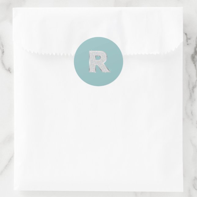 Sticker Rond Lettre R monogramme Aqua Mint Silver parties scint (Sac)