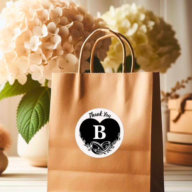 Sticker Rond Lettre simple B Coeur Foliage Mariage Merci (Simple Letter B Heart Foliage Wedding Thank You Classic Round Sticker)