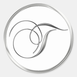 Sticker Rond Lettre T Monogramme Sliver Sur Sceau Mariage Blanc