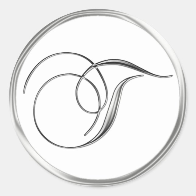 Sticker Rond Lettre T Monogramme Sliver Sur Sceau Mariage Blanc (Devant)