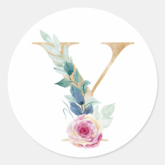 Sticker Rond Lettre Y aquarelle avec des roses