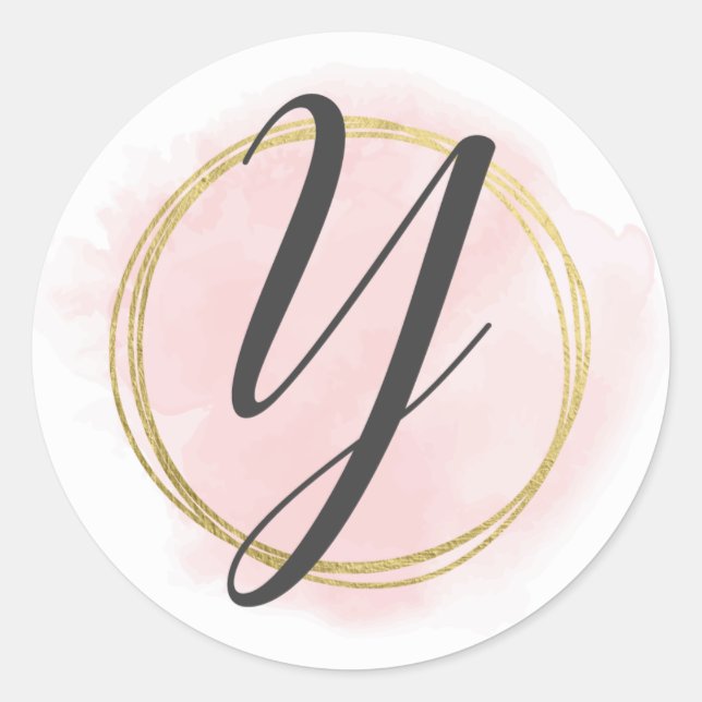 Sticker Rond Lettre Y Monogram Blush Rose Aquarelle or chic (Devant)