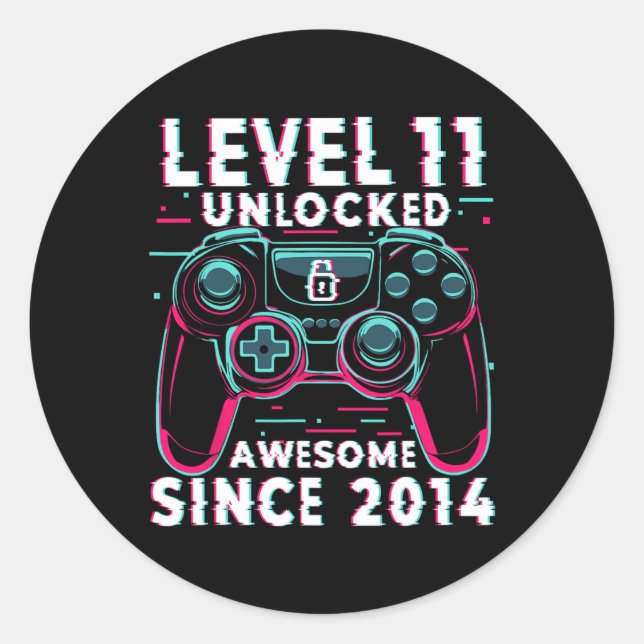 Sticker Rond Level 11 Unlocked Video Game 11th Birthday Gamer B (Devant)
