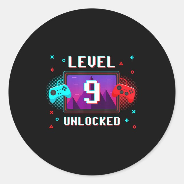 Sticker Rond Level 9 Unlocked Video Gamer Funny 9th Birthday Bo (Devant)