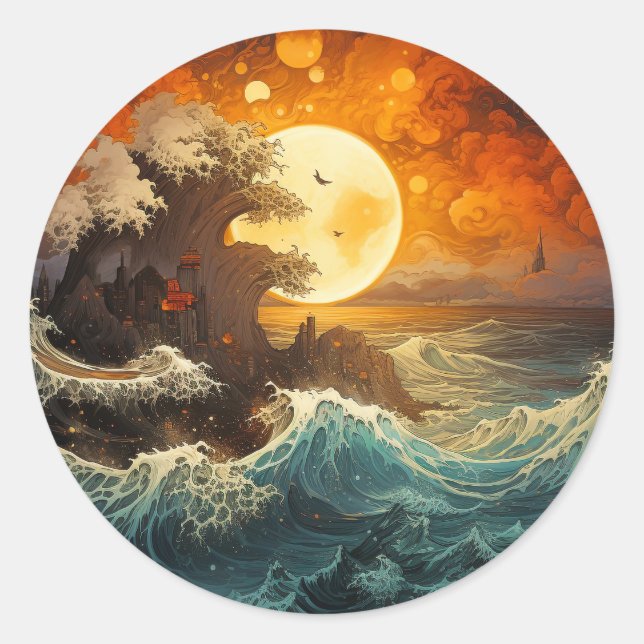 Sticker Rond Lever le soleil vague Yin Yang Arts martiaux (Devant)