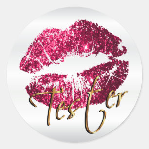 Sticker Rond Lèvres à Parties scintillant rose chaud sur blanc