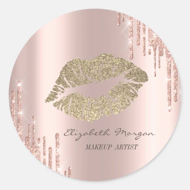Sticker Rond Lèvres de Glitterie Moder, Rose gouttes d'or (Devant)