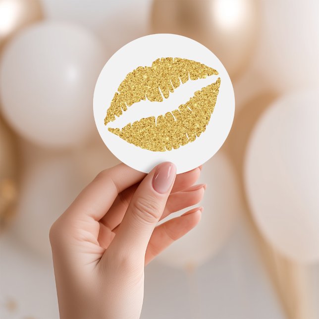 Sticker Rond Lèvres Pailletées Or (Gold Glitter Lips Classic Round Sticker)