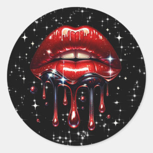 Sticker Rond Lèvres Rouges Dégoulinantes de Paillettes Faux Écl