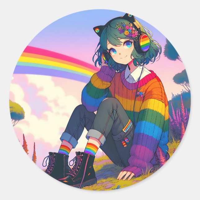 Sticker Rond LGBTQIA+ Anime Girl Lesbian Pride (Devant)