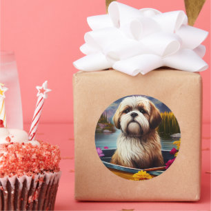 Sticker Rond Lhassa Apso sur une rame : une aventure Pittoresqu