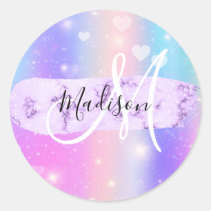 Sticker Rond Licorne Arc-en-Ciel Cœurs Monogramme Coloré Fémini