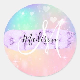 Sticker Rond Licorne Arc-en-Ciel Cœurs Monogramme Féminin Color