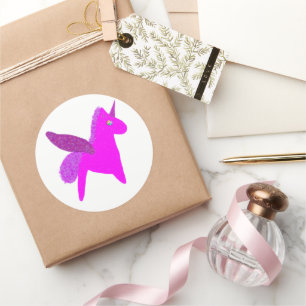 Sticker Rond Licorne magenta scintillante pégase pailleté