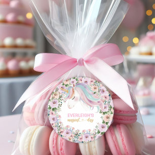 Sticker Rond Licorne Magique Fleur Rose 1er anniversaire