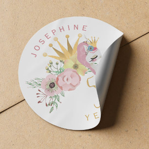 Sticker Rond Licorne magique rose et or pour les 5 ans d'une fi