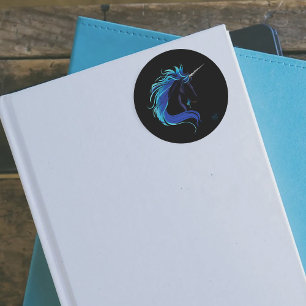 Sticker Rond Licorne noire élégante Fantaisie Magique Bleu Arge