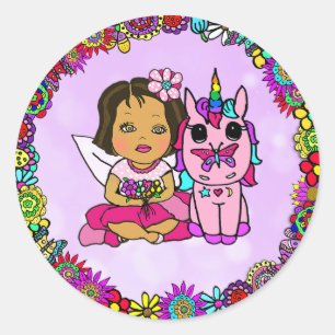 Sticker Rond Licorne pourpre mignonne et frontière florale