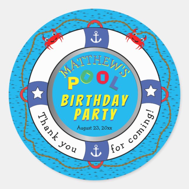 Sticker Rond Life Preserver Boy Birthday Pool Party (Devant)