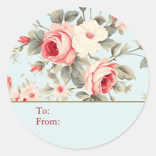 Sticker Rond Light Blue Shabby Chic Rose Personalized To & From (Devant)