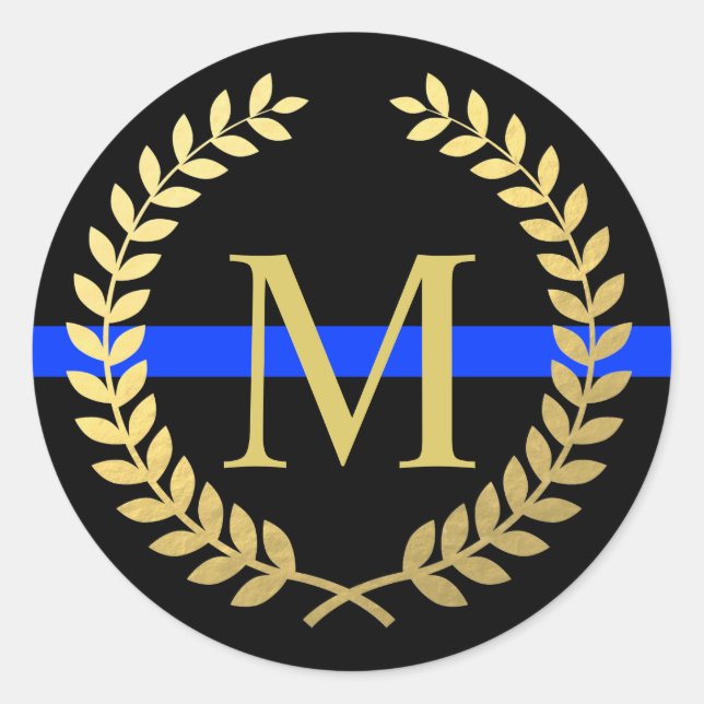 Sticker Rond Ligne Bleue Mince Monogramme Faux Gold Wreath Poli (Devant)