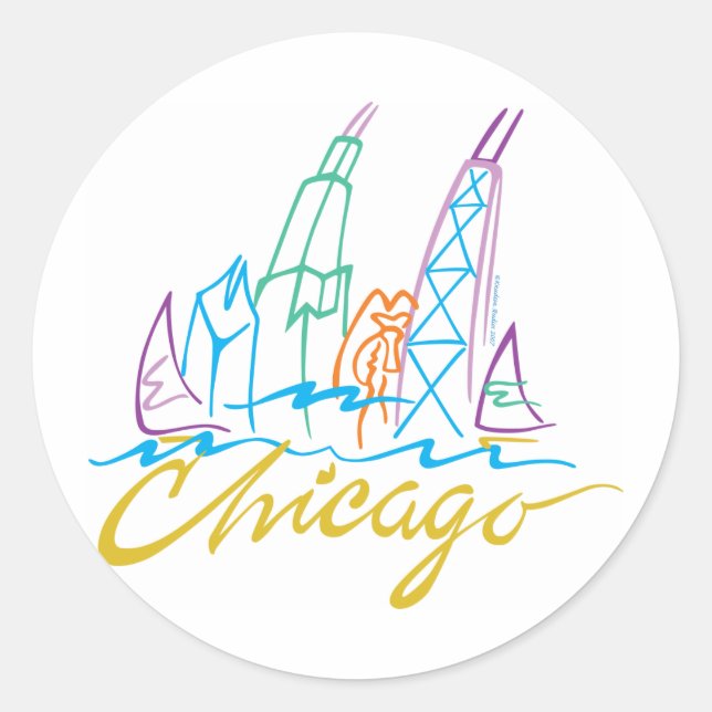 Sticker Rond Ligne Skyline de Chicago Windy City (Devant)