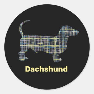 Sticker Rond Lignes de grille Jaune et Bleue Dachshund Abstrait