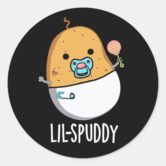 Sticker Rond Lil-spuddy Funny Potato Pun Dark BG (Devant)