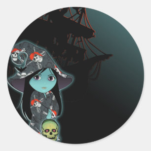Sticker Rond Lil' Witch in Pirate Skull Robe Halloween